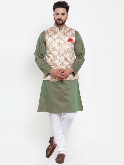 

NEUDIS Men Green & White Solid Kurta with Churidar & Jacket