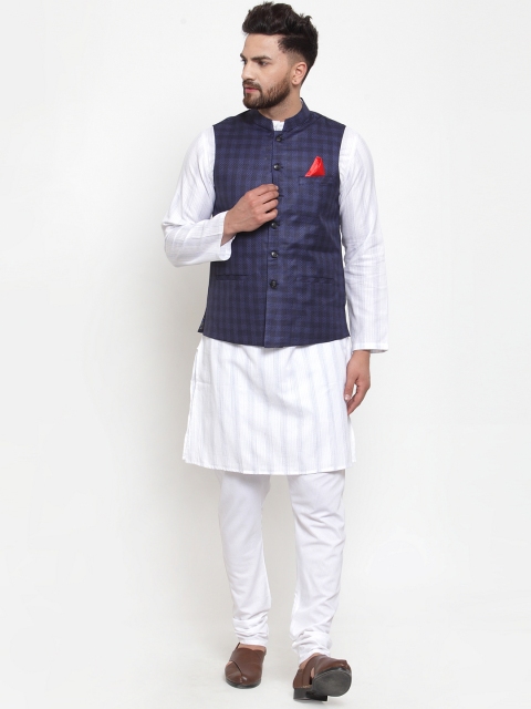 

NEUDIS Men White & Blue Solid Kurta with Churidar & Jacket