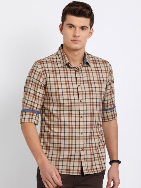 

t-base Men Beige & Brown Regular Fit Checked Casual Shirt