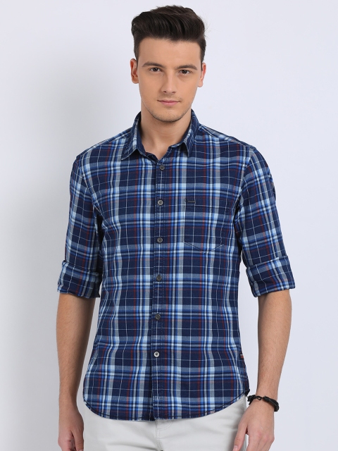 

t-base Men Navy Blue & White Regular Fit Checked Casual Shirt