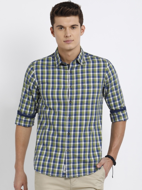 

t-base Men Green & Blue Regular Fit Checked Casual Shirt