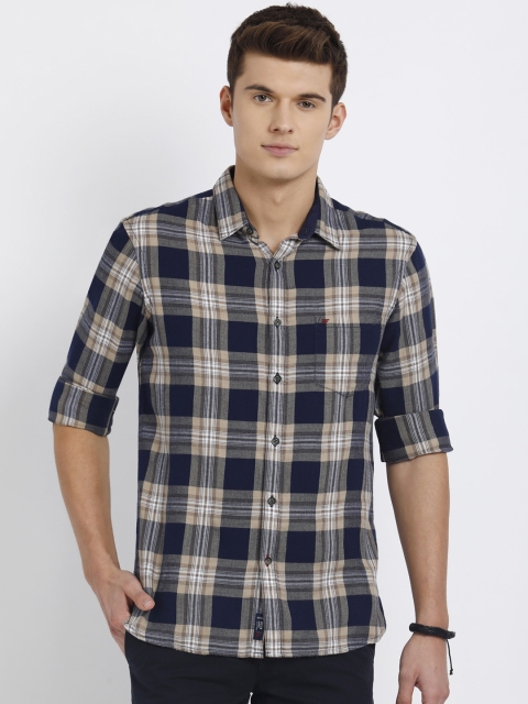 

t-base Men Beige & Navy Blue Regular Fit Checked Casual Shirt