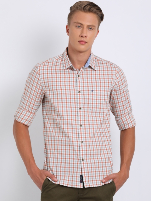 

t-base Men White & Orange Regular Fit Checked Casual Shirt