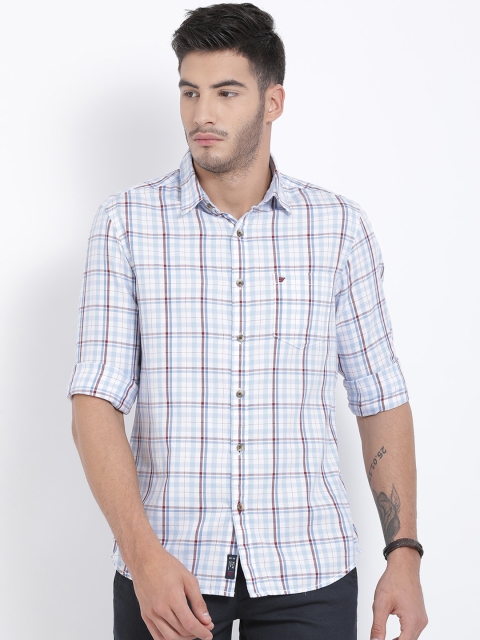 

t-base Men White & Blue Regular Fit Checked Casual Shirt