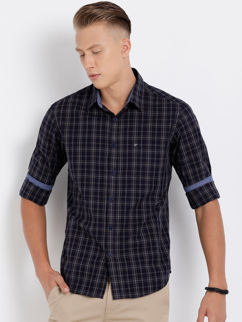 

t-base Men Grey & Navy Blue Regular Fit Checked Casual Shirt