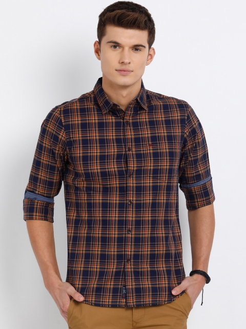 

t-base Men Navy Blue & Beige Regular Fit Checked Casual Shirt