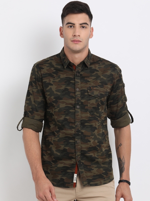 

t-base Men Olive Green & Beige Regular Fit Printed Casual Shirt
