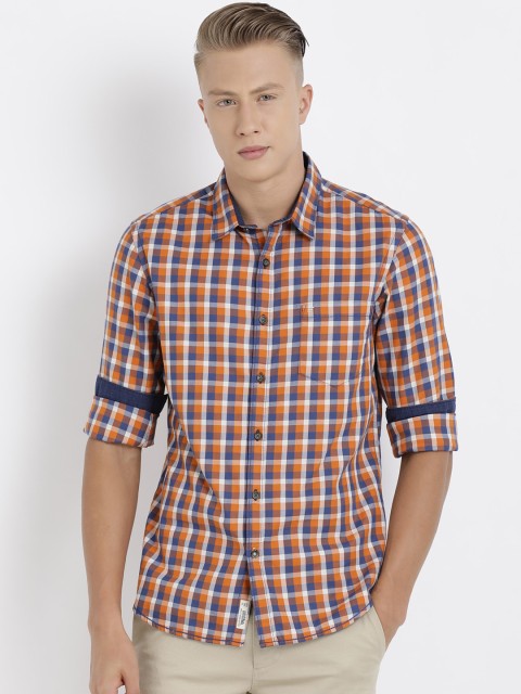 

t-base Men Orange & Blue Regular Fit Checked Casual Shirt