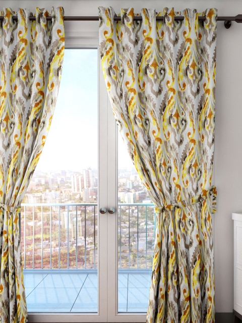 

HOUZZCODE Off-White & Beige Damask Single Long Door Curtain