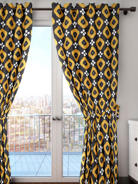 

HOUZZCODE Black & Yellow Ikat Single Long Door Curtain