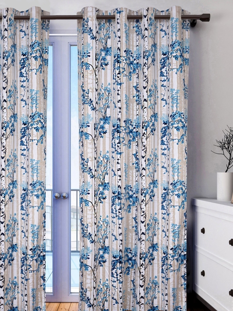 

HOUZZCODE Cream-Coloured & Blue Printed Single Door Curtain