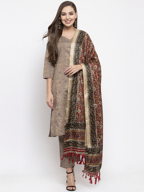 

Jompers Women Beige & Grey Woven Design Kurta with Trousers & Dupatta