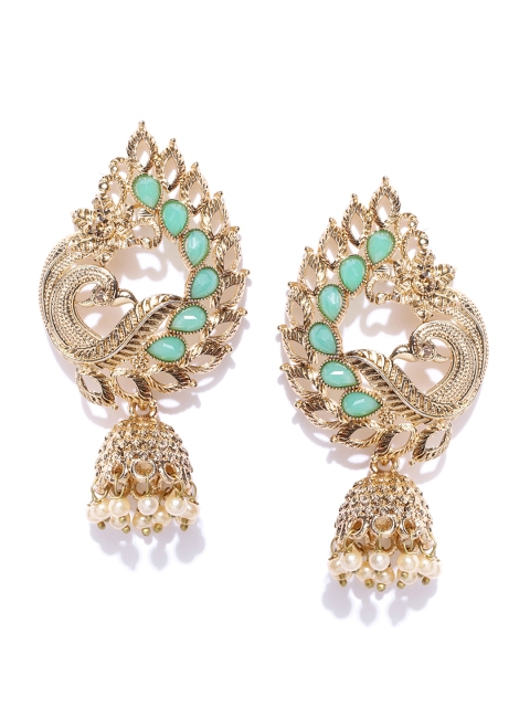 

Zaveri Pearls Gold-Plated & Sea Green Peacock Shaped Antique Jhumkas