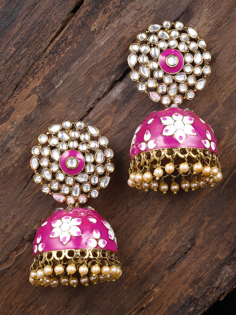 

Zaveri Pearls Gold-Plated Pink & White Enamelled Dome Shaped Jhumkas