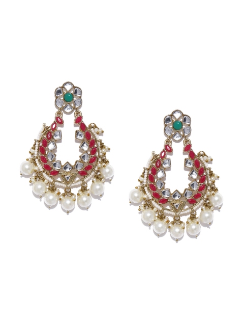 

Zaveri Pearls Gold-Plated & Red Classic Kundan Studded Antique Drop Earrings