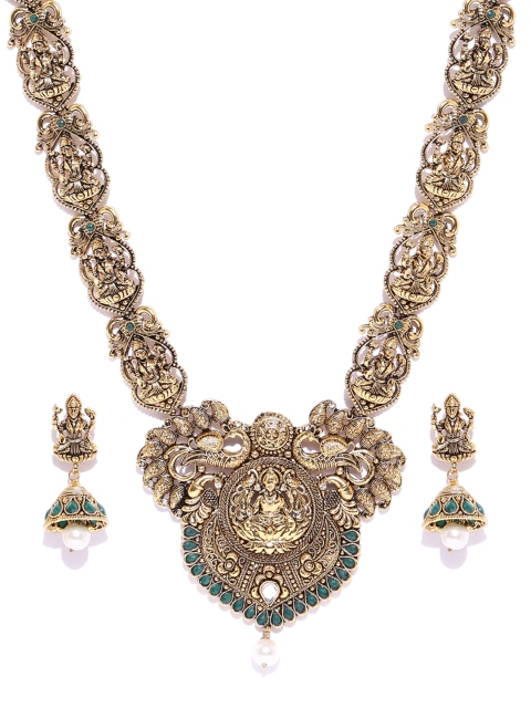 

Zaveri Pearls Gold-Plated & Green Stone-Studded Temple Antique Jewellery Set