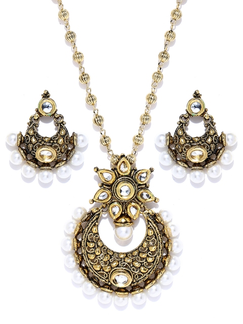 

Zaveri Pearls Gold-Plated & White Kundan & Pearl Embellished Antique Jewellery Set