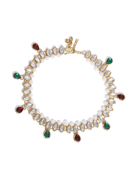 

Zaveri Pearls Set of 2 Gold-Plated Green & White Kundan Studded & Beaded Anklets