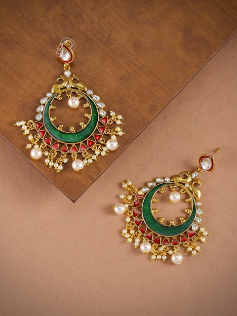 

Zaveri Pearls Gold-Plated & Green Enamelled Kundan Crescent Shaped Drop Earrings