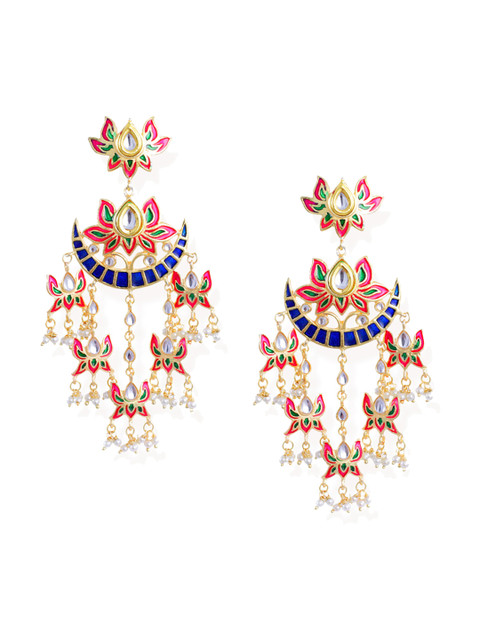 

Zaveri Pearls Pink & Blue Gold-Plated Enamelled Floral Chandbalis