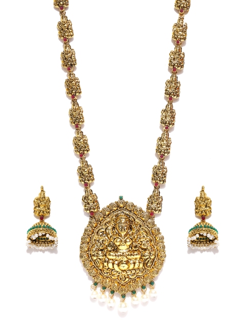 

Zaveri Pearls Gold-Plated White & Green Pearls Embellished Antique Temple Jewellery Set