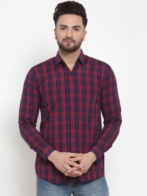 

JAINISH Men Navy Blue & Red Regular Fit Checked Casual Shirt