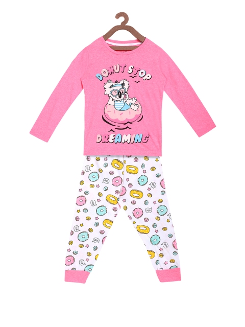 

Lazy Shark Girls Pink & White Printed Night suit