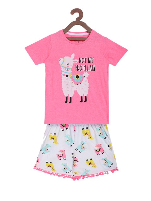 

Lazy Shark Girls Pink & White Printed T-shirt with Shorts