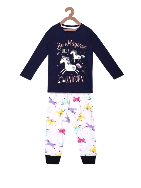 

Lazy Shark Girls Navy Blue & White Printed Night suit