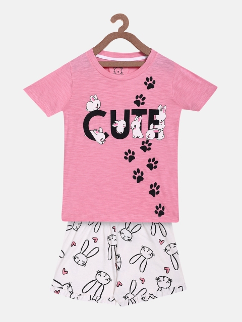 

Lazy Shark Girls Pink & Off-White Printed T-shirt with Shorts