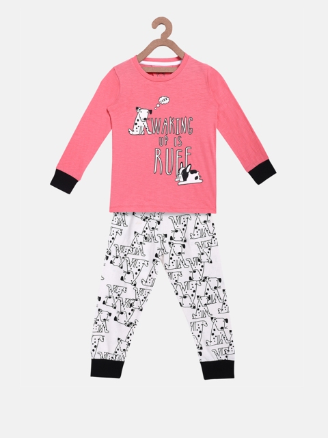 

Lazy Shark Girls Pink & White Printed Night suit