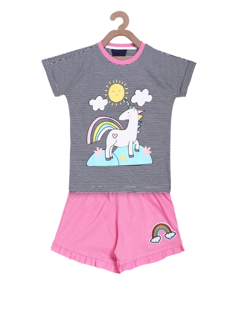 

Lazy Shark Girls Navy Blue & Pink Printed T-shirt with Shorts