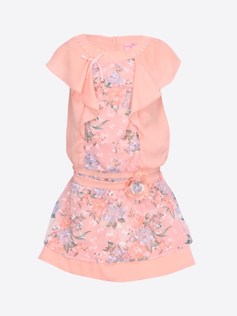 

CUTECUMBER Girls Peach-Coloured & Blue Printed Top with Skirt