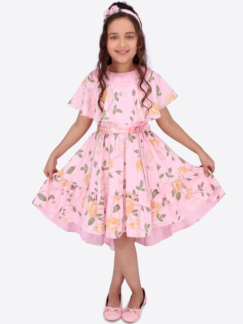 

CUTECUMBER Girls Pink & Green Printed Fit and Flare Dress