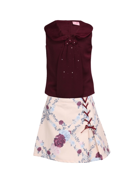

CUTECUMBER Girls Maroon & Beige Embellished Top with Skirt
