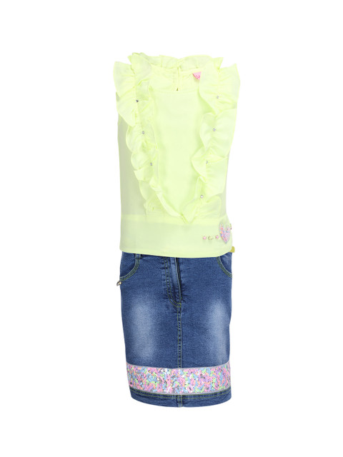 

CUTECUMBER Girls Green & Blue Solid Top with Denim Skirt