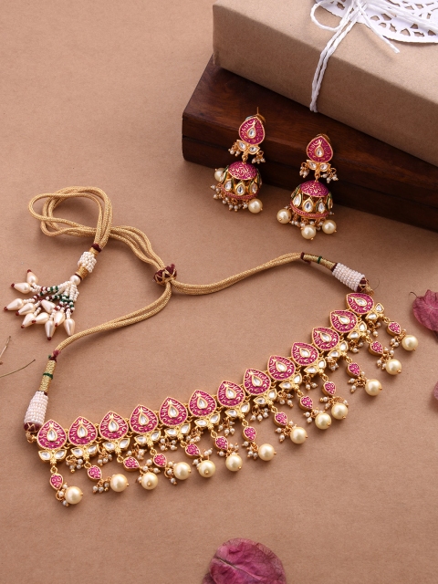 

Tistabene Gold-Plated Pink & Beige Beaded Enamelled Floral Choker Jewellery Set