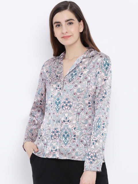 

Oxolloxo Women Off White & Blue Printed Shirt Style Top