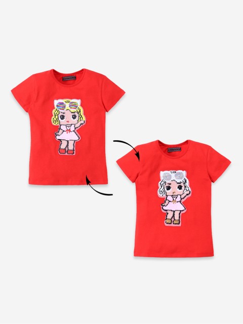 

MAGIC TEES Girls Red Flip Sequinned Round Neck T-shirt