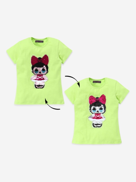 

MAGIC TEES Girls Fluorescent Green Flip Sequinned Round Neck T-shirt