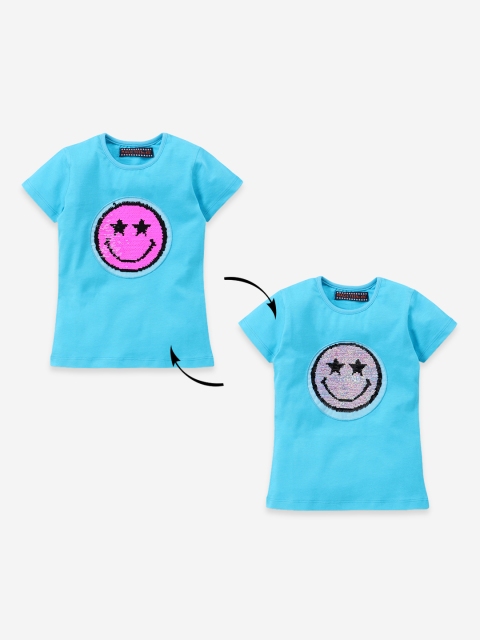

MAGIC TEES Girls Blue Flip Sequinned Round Neck T-shirt
