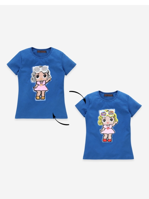 

MAGIC TEES Girls Blue Flip Sequinned Round Neck T-shirt