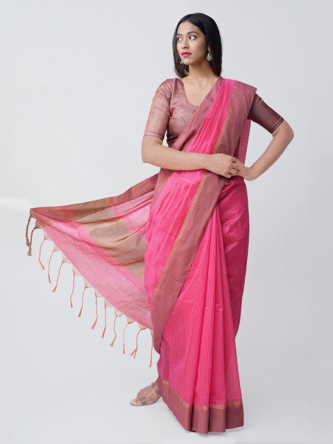 

Unnati Silks Pink Silk Cotton Striped Chanderi Saree