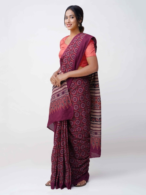 

Unnati Silks Burgundy Ajrak Printed Pure Mulmul Cotton Saree