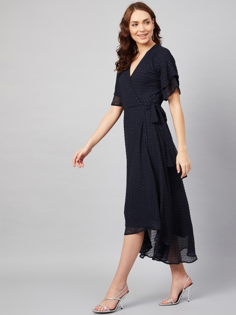 

Femella Women Navy Blue Self Design Wrap Dress