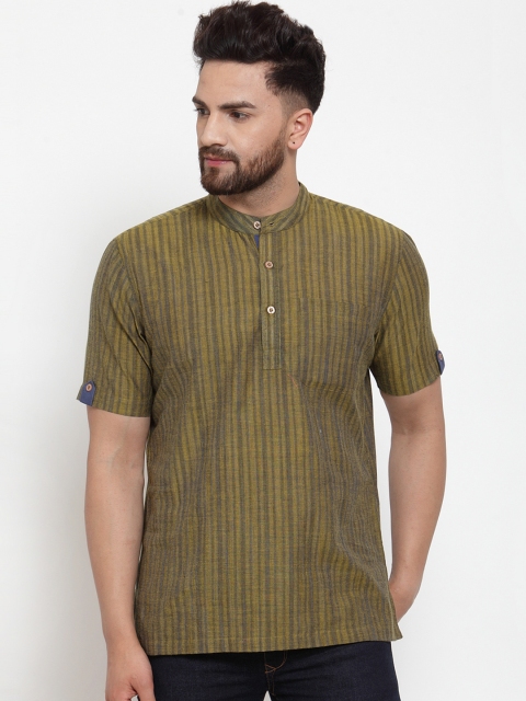 

NEUDIS Men Olive Green & Grey Striped Straight Kurta