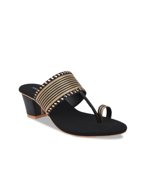 

SALARIO Women Black & Gold-Coloured Striped Block Heels