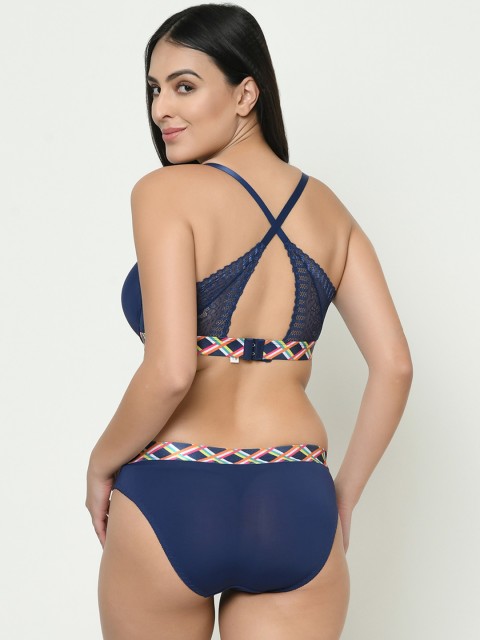 

Curvy Love Plus Size Women Navy Blue Solid Designer Back Lingerie Set CL-1275