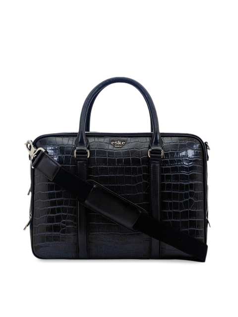 Men Navy Blue Croc Skin Textured Leather Laptop Bag