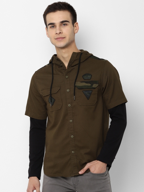 

People Men Olive Green Regular Fit Solid Casual Shirt